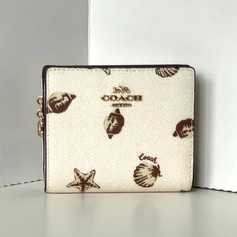 Coach Shell Print Snap ID Wallet White Brown Small Billfold - Picture 7 of 8